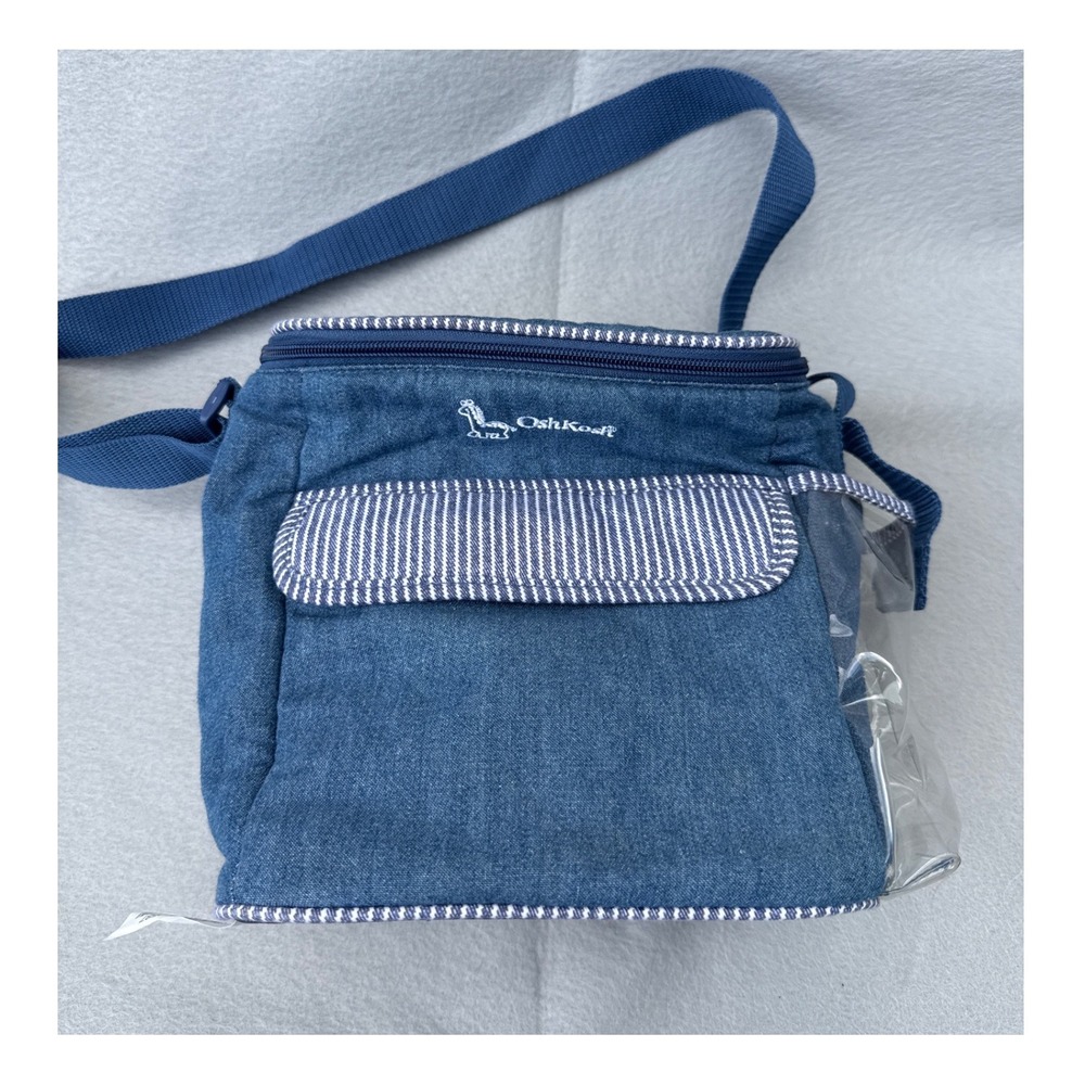 OshKosh Lunch Bag Kids Blue Denim Hickory Stripe Insulated Giraffe Bottle Holder